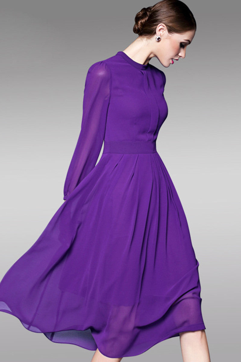 WOMEN'S ELEGANT ROUND NECK SLIM PURPLE DRESS