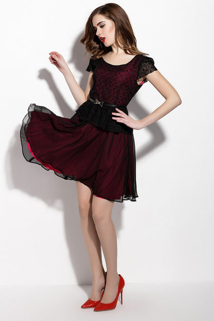 Round Collar Cap Sleeve Flare Hem Pleat Dress With Belt