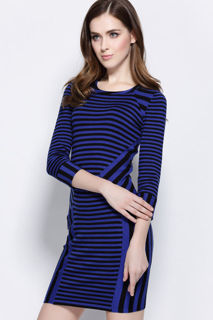 ELEGANT WEAR TO WORK 3/4 SLEEVE IRREGULARITY STRIPE SHORT DRESS