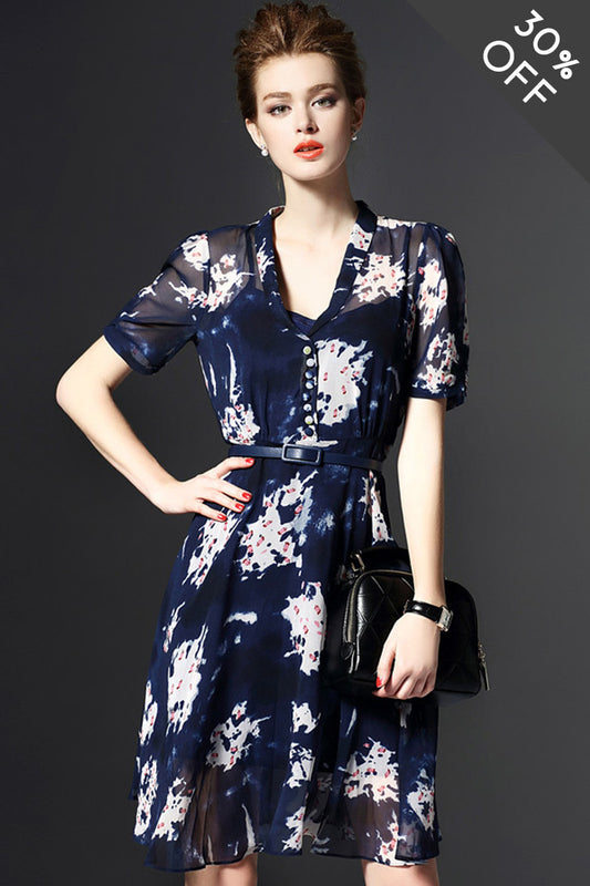 [30% OFF TILL 8 APR] V Neck Floral Pattern Print Sheer Top Chiffon Flare Dress