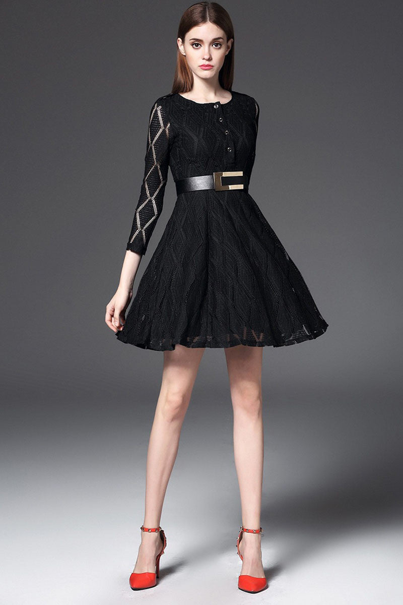Round Collar Hollow Out Lace Party Dress With Belt - NJOYDRESS - 1