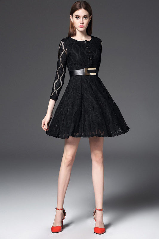 Round Collar Hollow Out Lace Party Dress With Belt - NJOYDRESS - 1