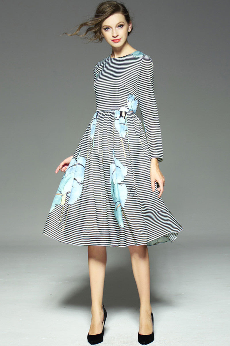 GRACE FLOWER PRINTING STRIPE ROUND NECK LONG SLEEVE MIDI DRESS