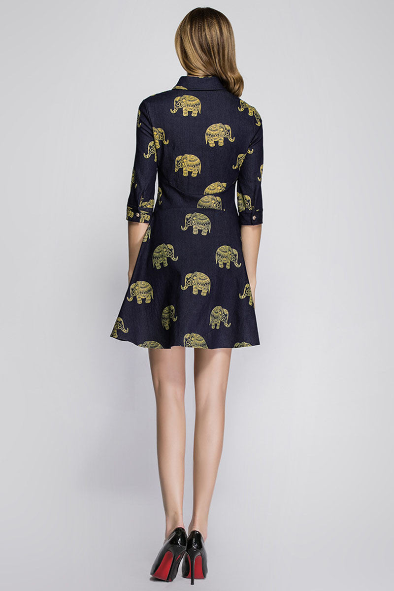 Roll Collar Elephant Print Slim Slim Flare Denim Dress - NJOYDRESS - 3