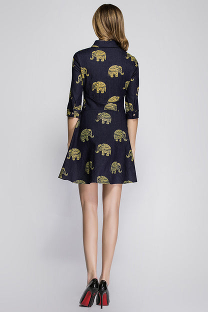 Roll Collar Elephant Print Slim Slim Flare Denim Dress - NJOYDRESS - 3