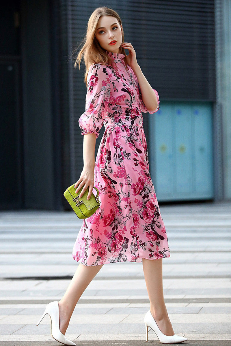 WOMEN'S CASUAL FLOWER PRINTING VOCATION MIDI DRESS