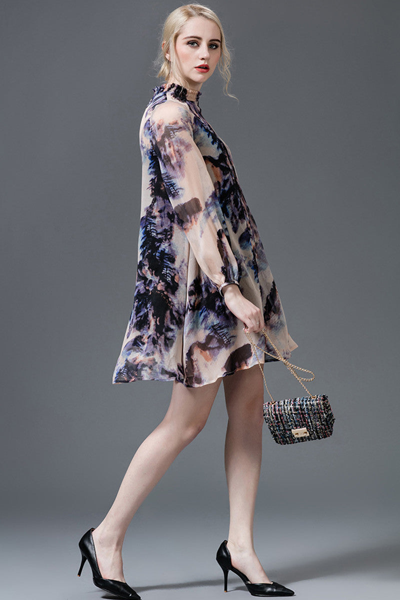 Stand Collar Puff Pattern Print  Sleeve Loose  Dress