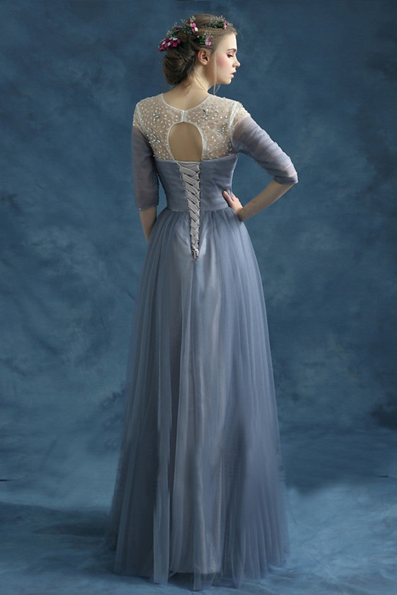 Sheer Mesh Beaded Sequin Pearl Tulle Overlay Hollow-Out Back Grown