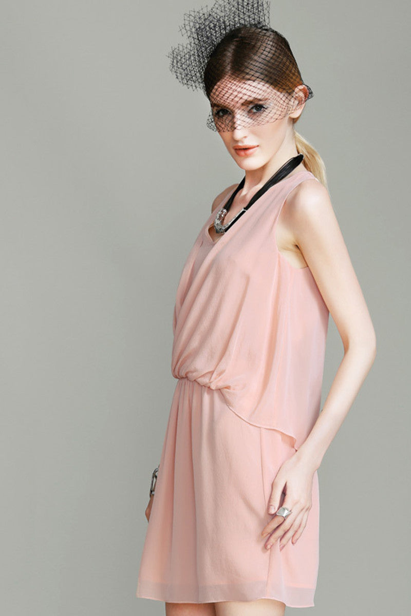 Cross V Neck Shirring Waist Dress