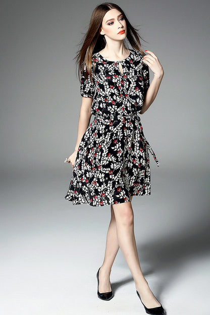 WOMEN'S ROUND NECK PRINTING SHORT DRESS