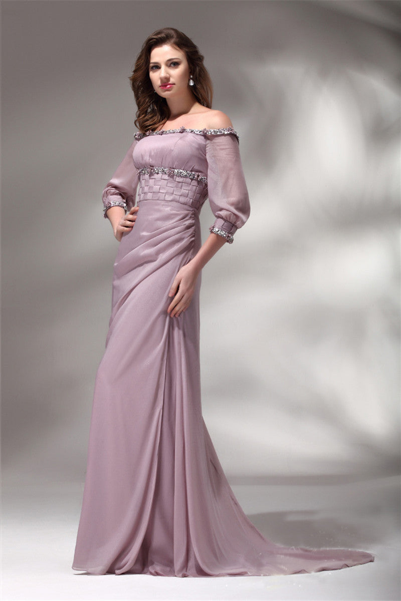 Off-Shoulder Lattern Sleeve  Floor Length  Party Gown