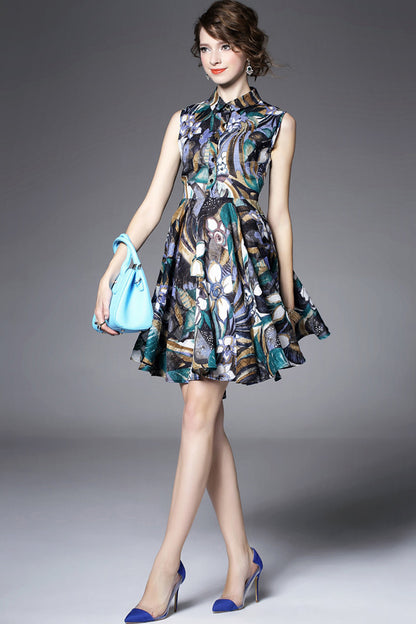 A-LINE POLO NECK ELEGANT PRINTING SLEEVELESS SHORT DRESS