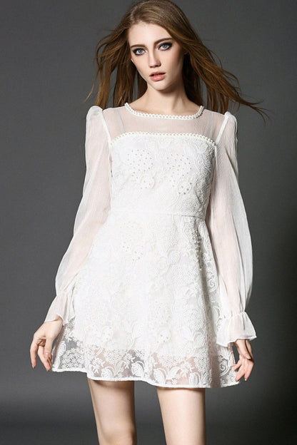 WOMEN'S GRACE ROUND NECK LACE LONG SLEEVE SLIM DRESS