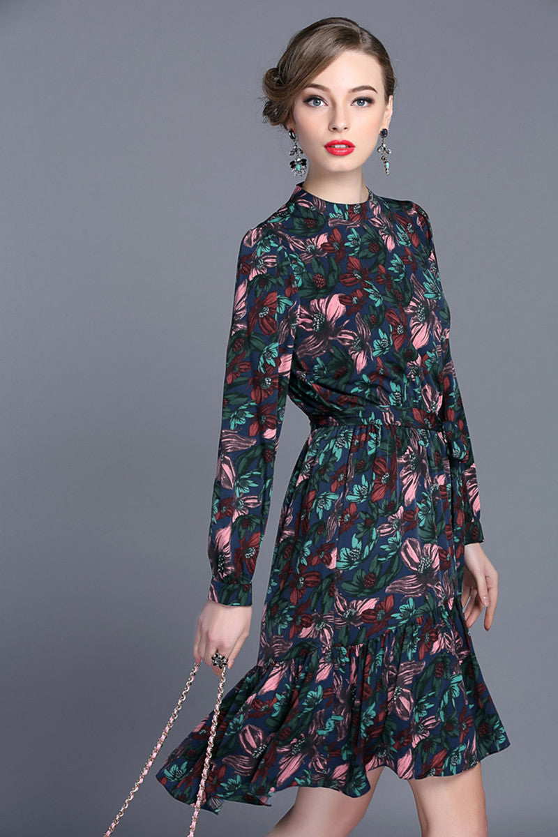 Stand Collar Floral Pattern Pleated Hi-Low Dress