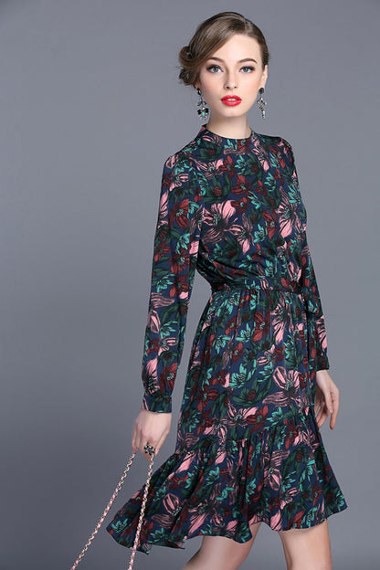 Stand Collar Floral Pattern Pleated Hi-Low Dress