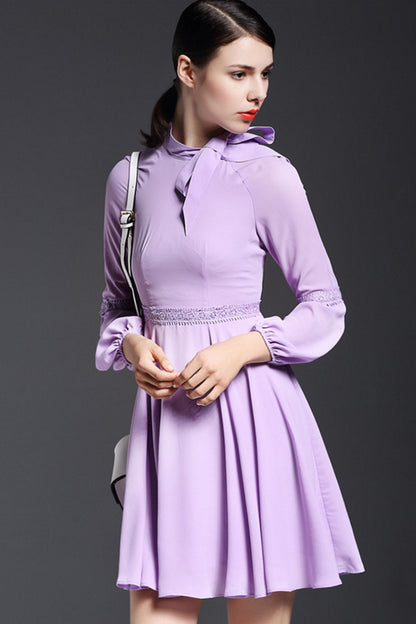 Bowknot Lacing Neck Lattern Sleeve Lace Patch Shirring Waist Chiffon Pleat Dress