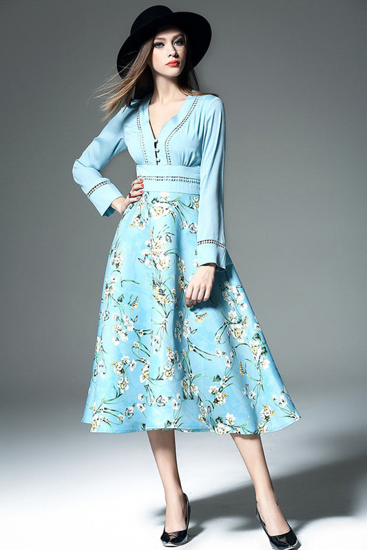 Deep-V Covered Button Flared Midi Dress - NJOYDRESS - 1