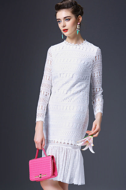 WOMEN'S ELEGANT LACE ROUND NECK 9 SLEEVE WEAR TO WORK SHORT DRESS