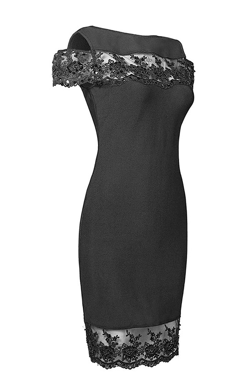 Lace Hem Sheer Mesh S-line Open Sleeve Club Dress