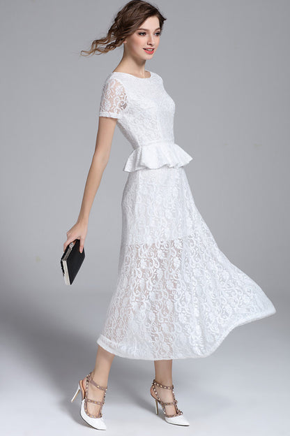 LACE ELEGANT SHORT SLEEVE FIT ROUND NECK COCKTAIL PARTY DRESS