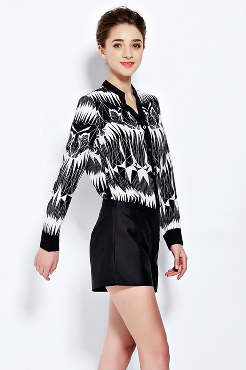 Slit V Neck Thunder Print Blouse