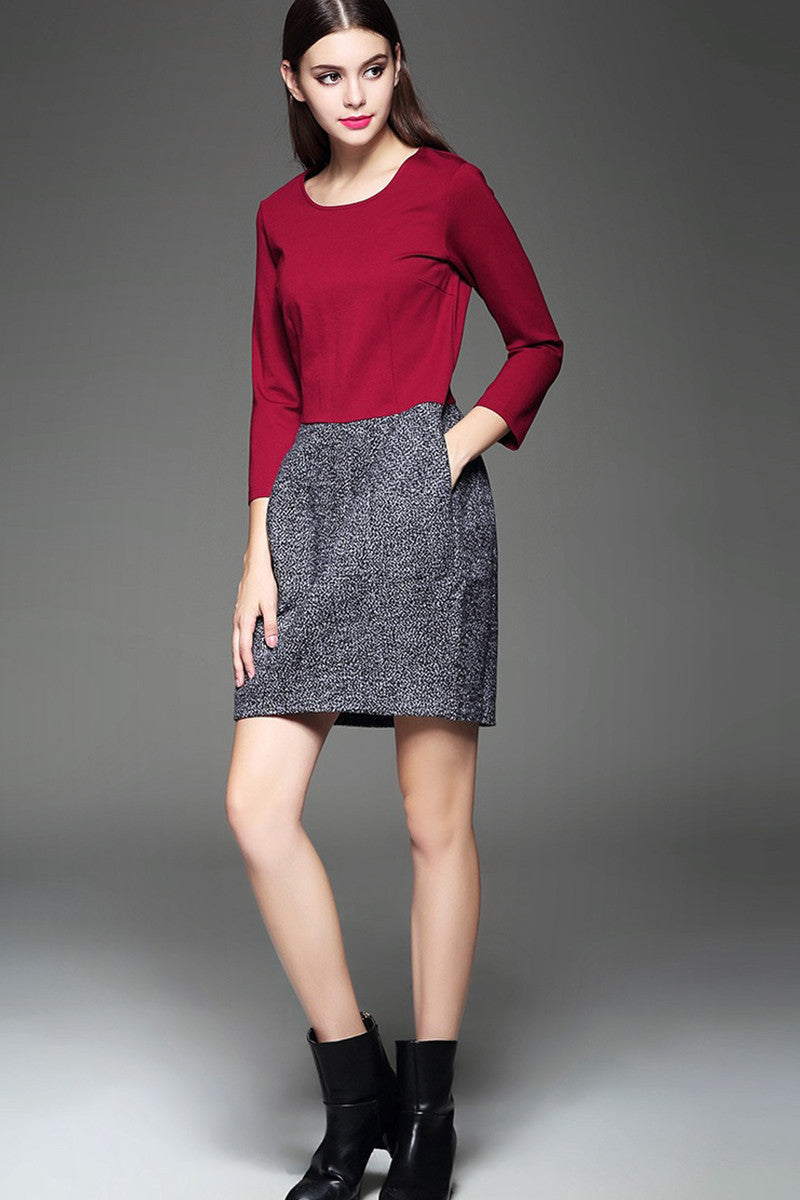 WOMNE'S WEAR TO WORK SLIM ROUND NECK LONG SLEEVE VINTAGE SHORT DRESS