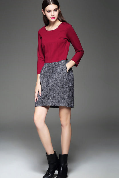 WOMNE'S WEAR TO WORK SLIM ROUND NECK LONG SLEEVE VINTAGE SHORT DRESS