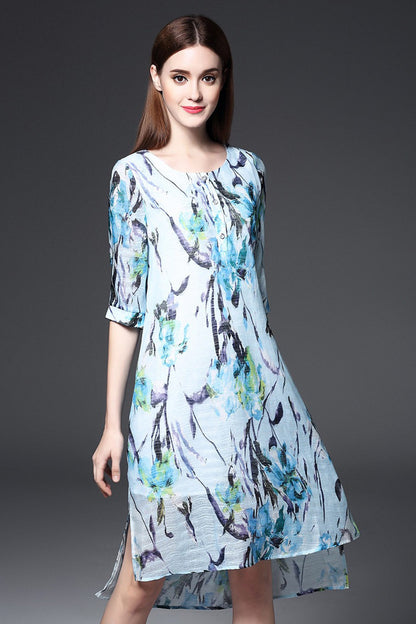 Round Collar Vintage Floral Print Short Front Back Long Dress