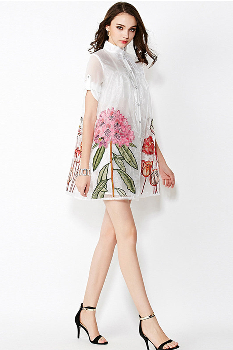 Sheer Stand Collar Flower Embroidery Grace Dress