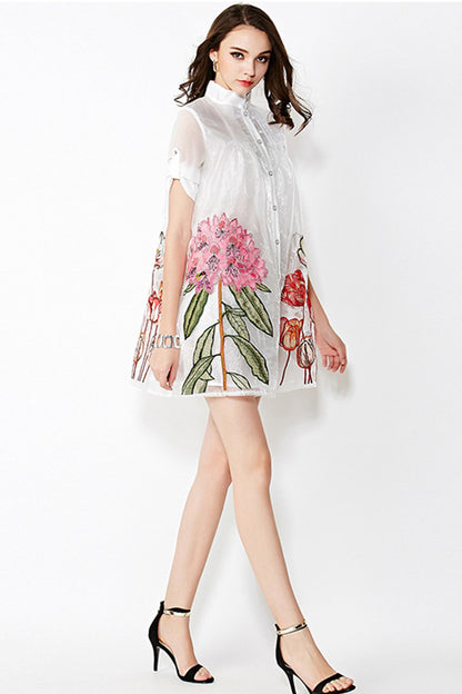 Sheer Stand Collar Flower Embroidery Grace Dress