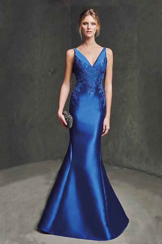 Deep Cleavage-V Shade Backless Floral Patch Prom Party Dress