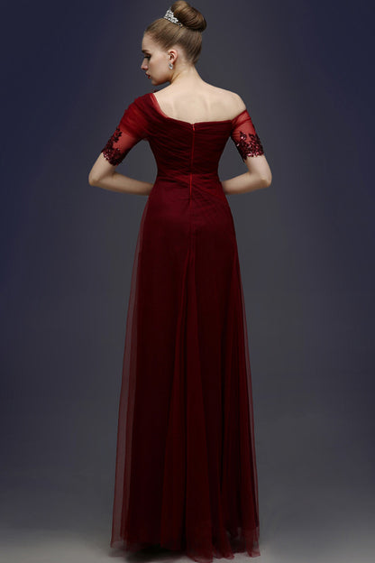 Off-Shoulder Half Sleeves Flower Tulle Floor Length Party Gown