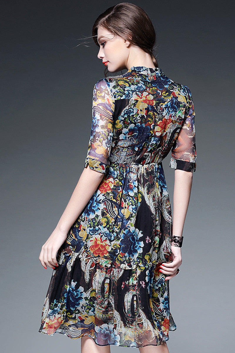 Stand Collar Floral Print Shirring Waist Swing Dress