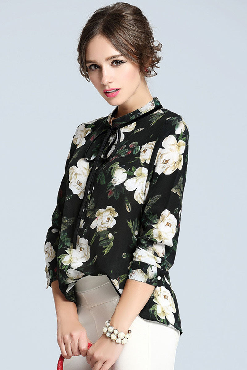 Round Collar Flowers Print Shirt Blouse