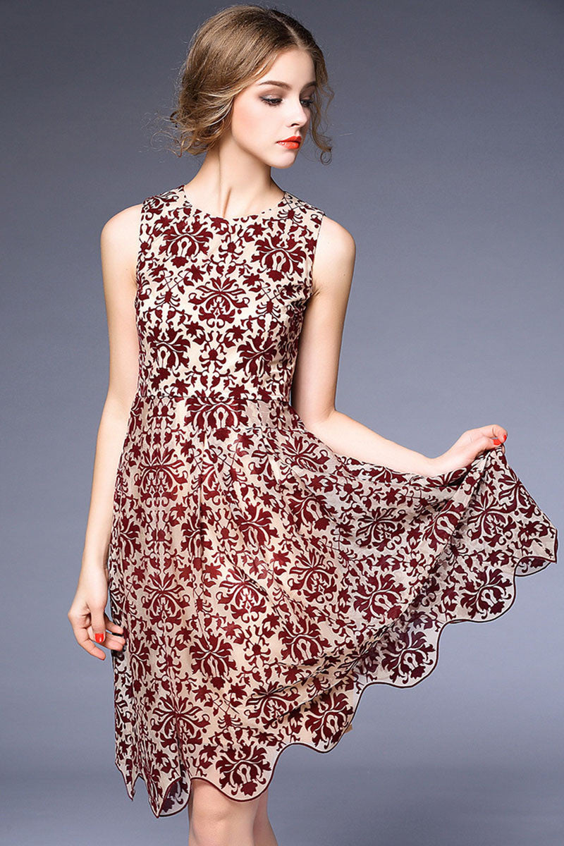 Round Collar Elegant Pattern Wavy Hemline Slim Short Dress