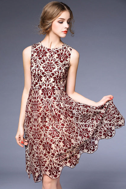 Round Collar Elegant Pattern Wavy Hemline Slim Short Dress
