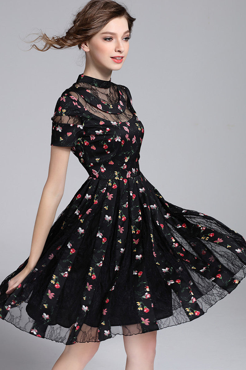 WOMEN'S ELEGANT COCKTAIL PARTY LACE SHORT SLEEVE MIDI DRESS