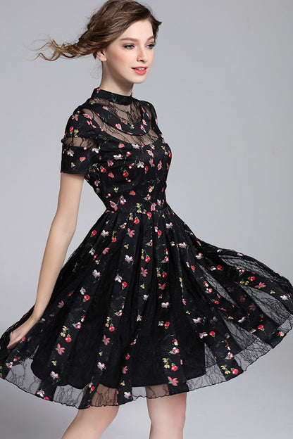 WOMEN'S ELEGANT COCKTAIL PARTY LACE SHORT SLEEVE MIDI DRESS
