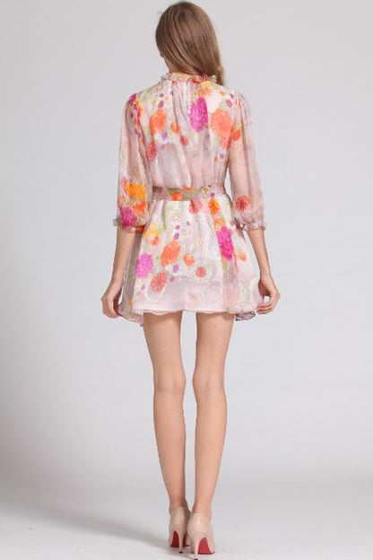 WOMEN'S LONG LACING SLEEVE PRINTING SHORT DRESS