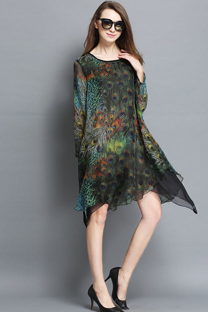Peacock Feather Painting Irregular Plus-Size Dress