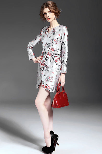 V Neck Floral Print Front Slit Lacing Waist Wrap Dress