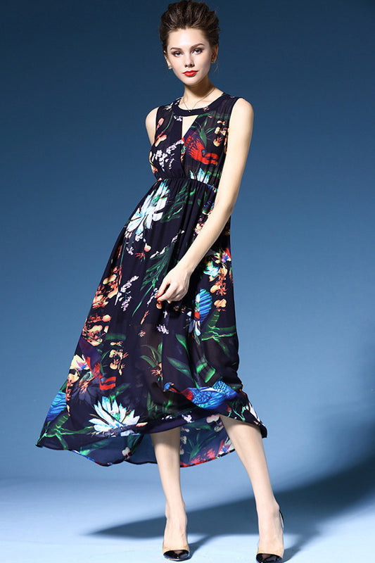 ELEGANT HOLLOW OUT ROUND NECK SLEEVELESS FLOWER PRINTING DRESS