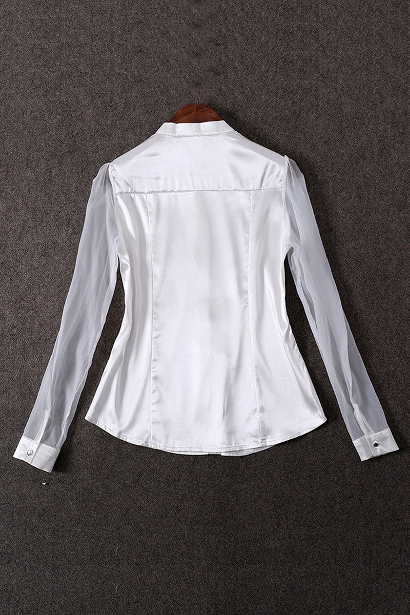 Stand Collar Sheer Mesh Sleeve Single Brested Blouse