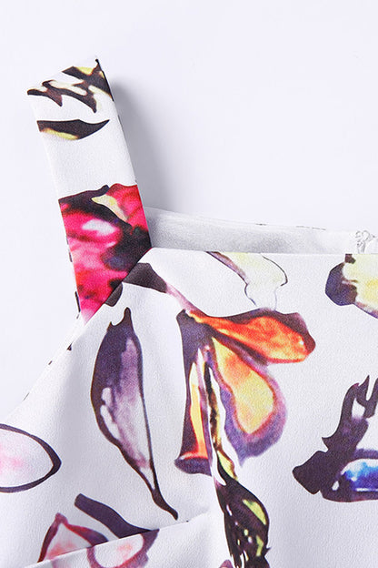 Square Neck Floral Print Slah Irregular Flare Hem  Dress