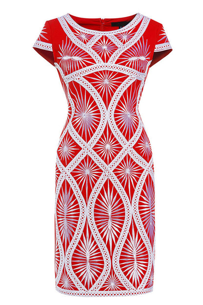 Round Collar Geometric Embroidered Cap Sleeve Slim Dress