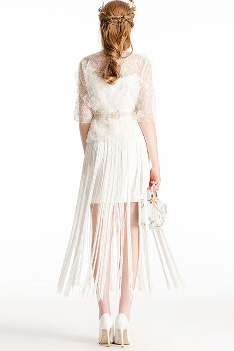 Casual Chiffon Sheer Sleeve Embroidery Tassle's Dress