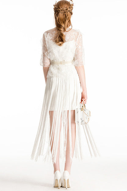 Casual Chiffon Sheer Sleeve Embroidery Tassle's Dress