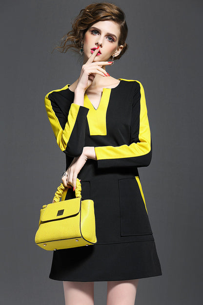 Scoop V-neck  Color Block  Front Pockets Slim Dress - NJOYDRESS - 1