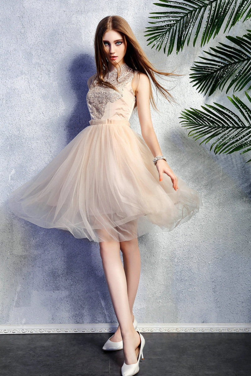 Elegant Prom Lace Stand Collar Embroidery Chiffon Dress
