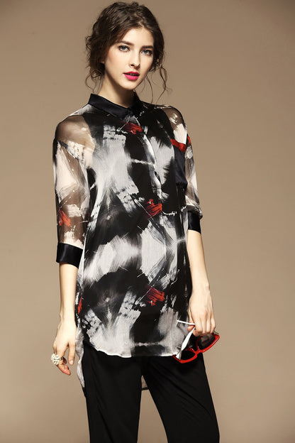 WOMEN'S CASUAL LOOSE POLO NECK TOP PARINTING SHIRT